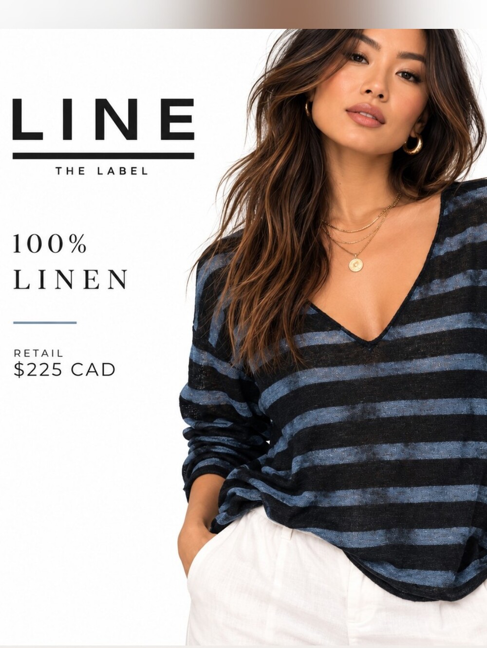 LINE Striped Linen V-Neck Top Size Large 100% Linen